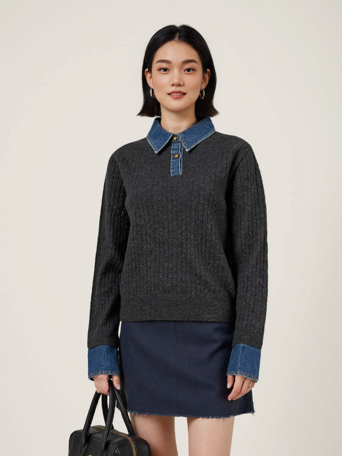 Denim Spliced Two-Piece Sweater | Women’s Polo Collar Knit Top | same ANTHEM. - Black and Gray / M