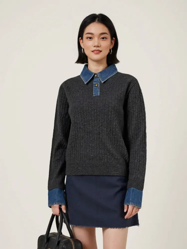 Denim Spliced Two-Piece Sweater | Women’s Polo Collar Knit Top | same ANTHEM. - Black and Gray / M