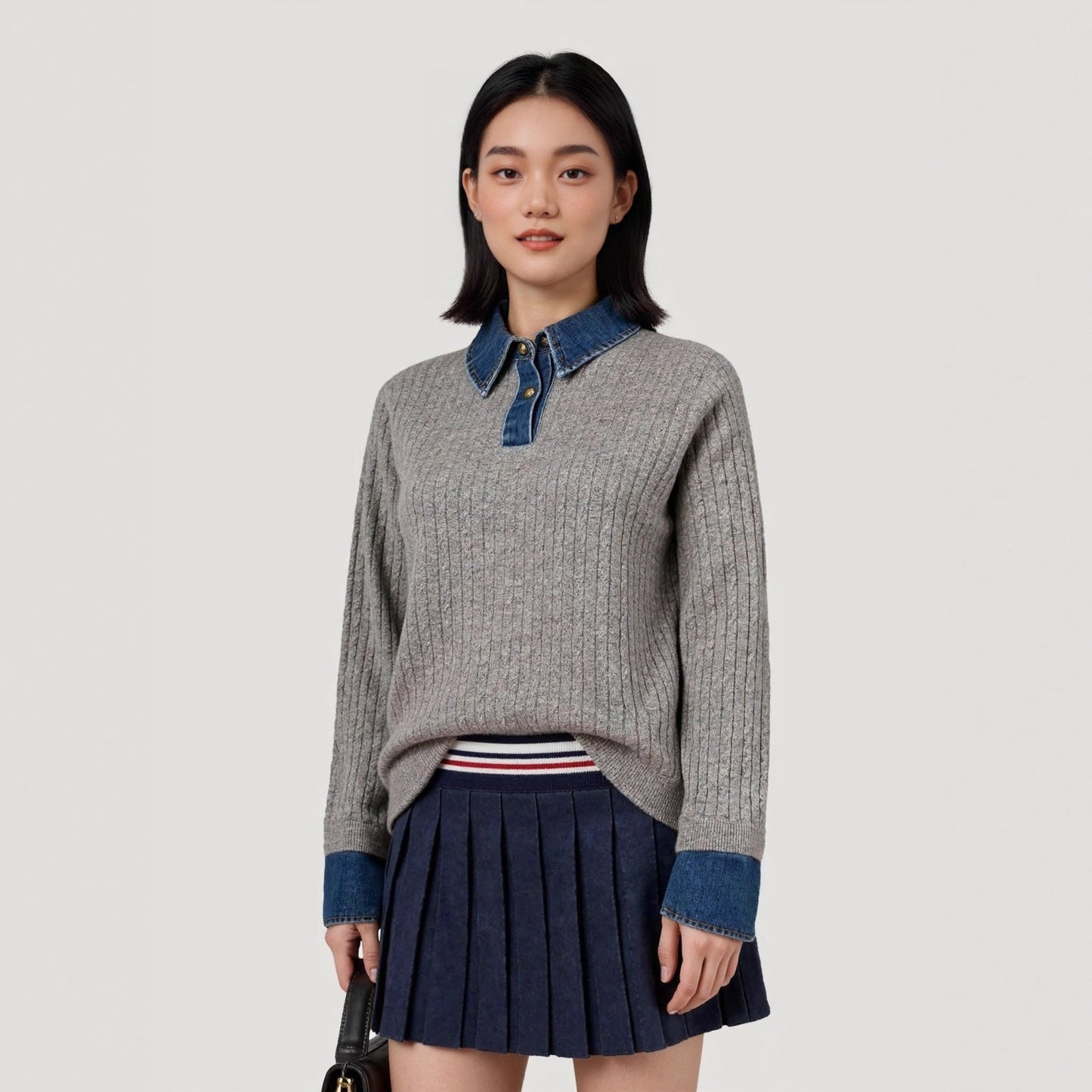 Denim Spliced Two-Piece Sweater | Women’s Polo Collar Knit Top | same ANTHEM.