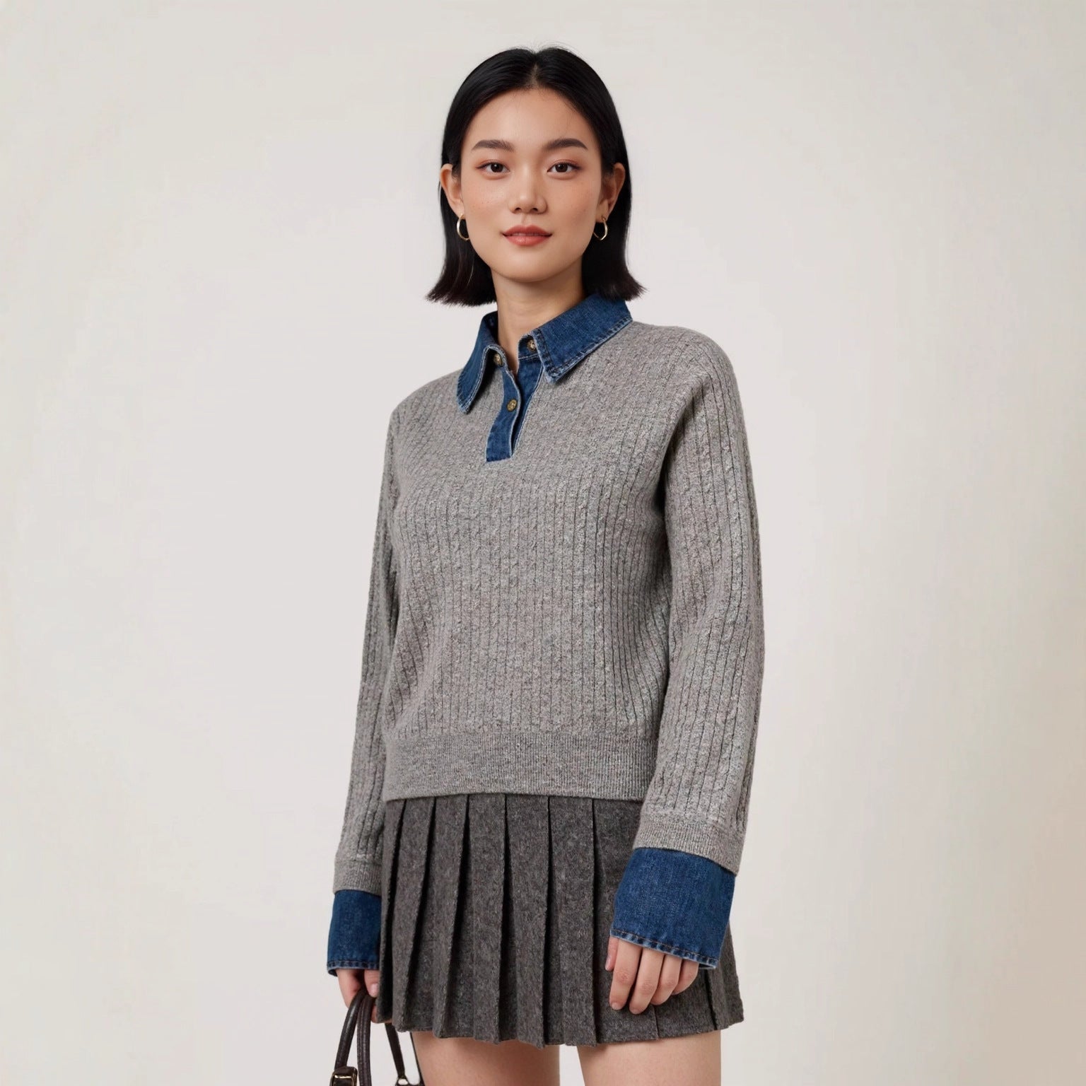Denim Spliced Two-Piece Sweater | Women’s Polo Collar Knit Top | same ANTHEM.