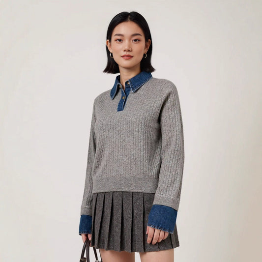 Denim Spliced Two-Piece Sweater | Women’s Polo Collar Knit Top | same ANTHEM.