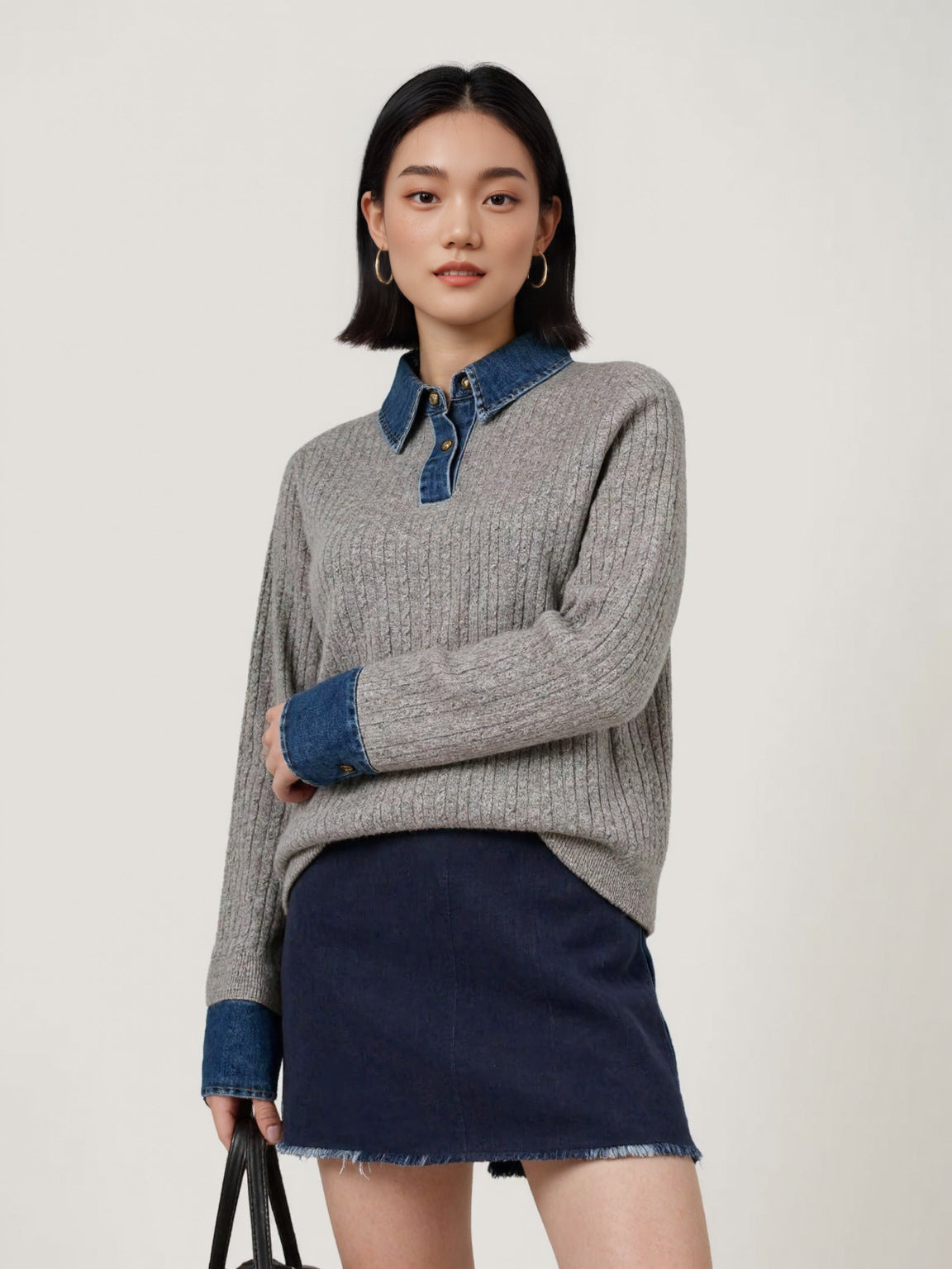 Denim Spliced Two-Piece Sweater | Women’s Polo Collar Knit Top | same ANTHEM. - Light Gray / M