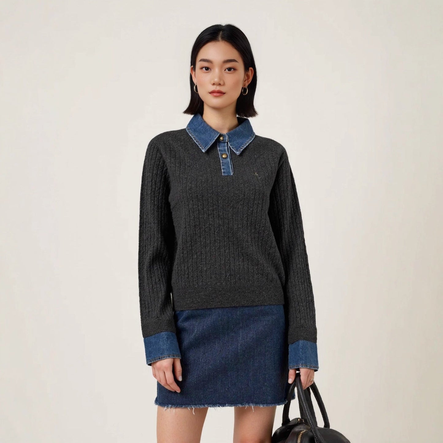 Denim Spliced Two-Piece Sweater | Women’s Polo Collar Knit Top | same ANTHEM.