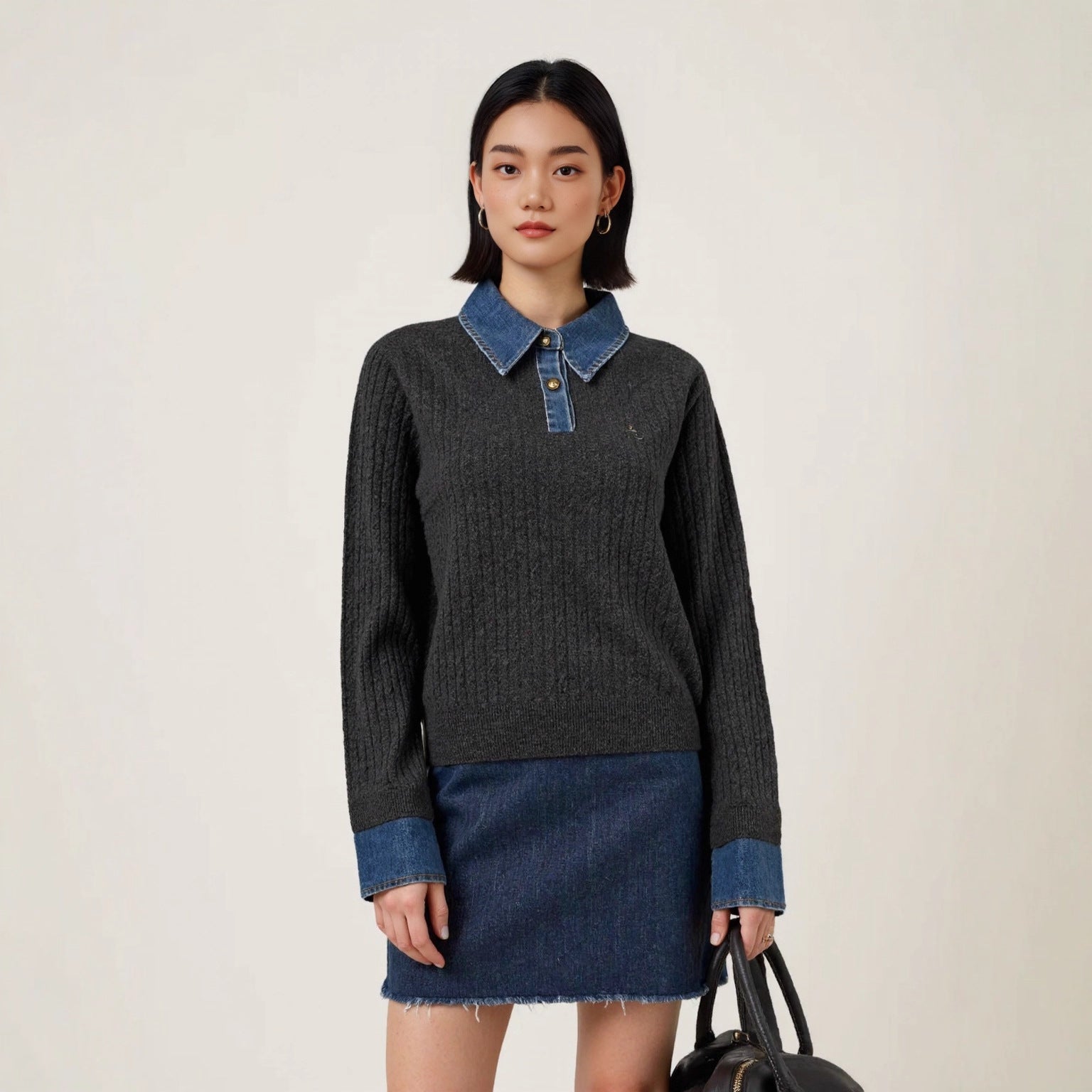 Denim Spliced Two-Piece Sweater | Women’s Polo Collar Knit Top | same ANTHEM.