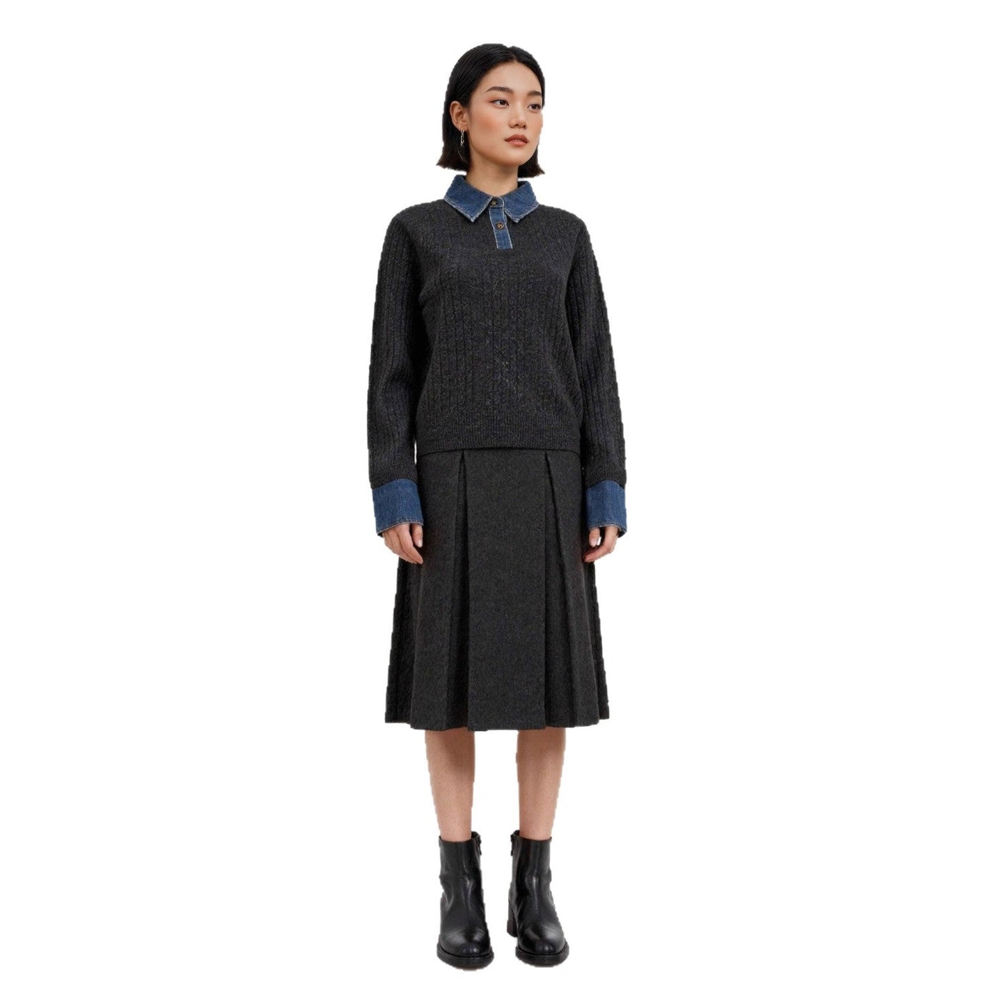 Denim Spliced Two-Piece Sweater | Women’s Polo Collar Knit Top | same ANTHEM.