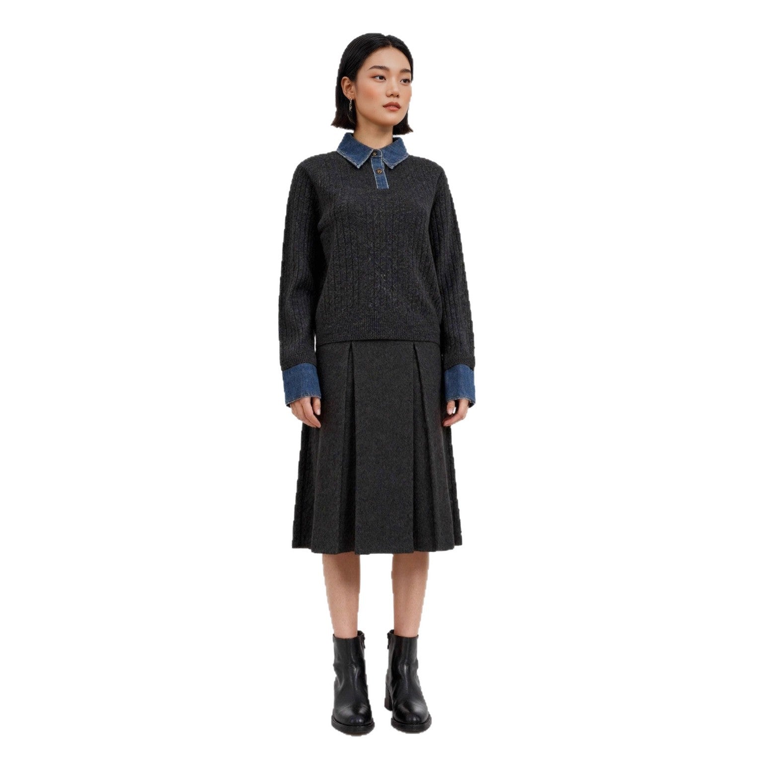 Denim Spliced Two-Piece Sweater | Women’s Polo Collar Knit Top | same ANTHEM.