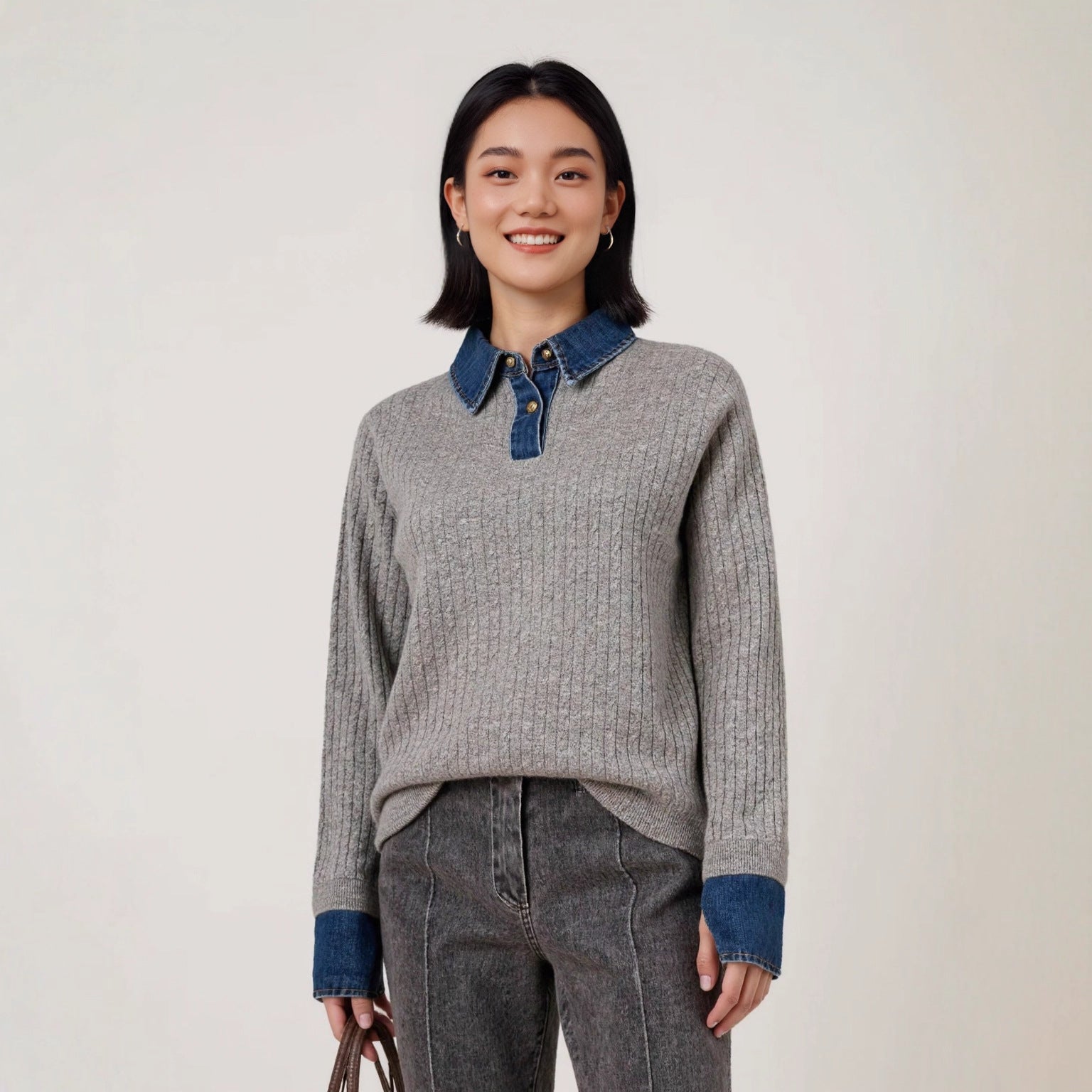 Denim Spliced Two-Piece Sweater | Women’s Polo Collar Knit Top | same ANTHEM.