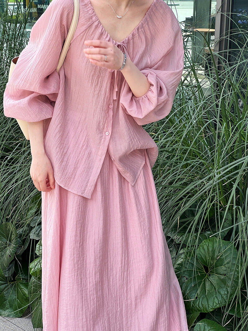 Drawstring Pleated Two-Piece Set – same ANTHEM - peach / M