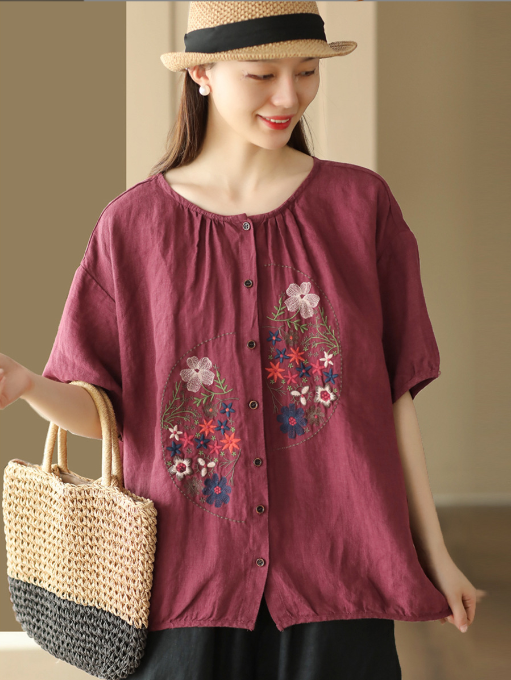 Dreamy Boho Linen Embroidered Top - Romantic French Chic Streetwear | same ANTHEM - Claret