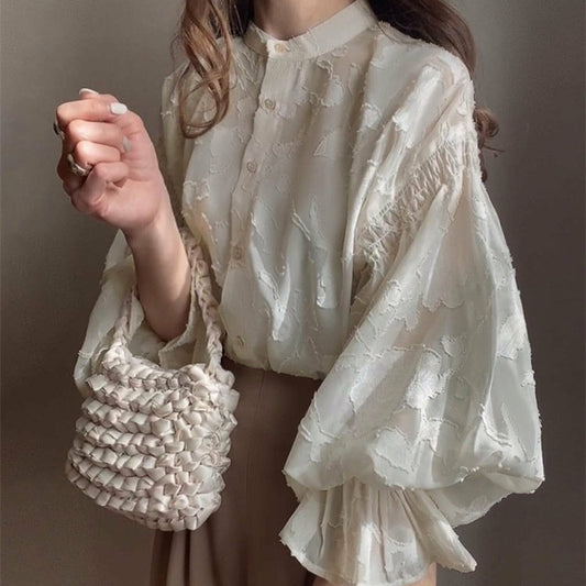 Dreamy Floral Jacquard Blouse – Romantic French Style | same ANTHEM - Apricot / L