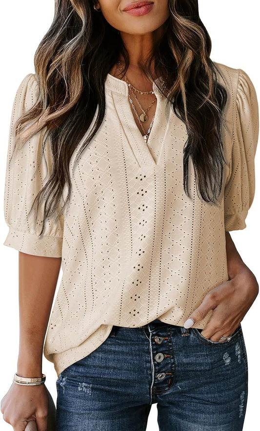 Dreamy French V-Neck Blouse – same ANTHEM Romantic & Nostalgic Fashion - Beige / L