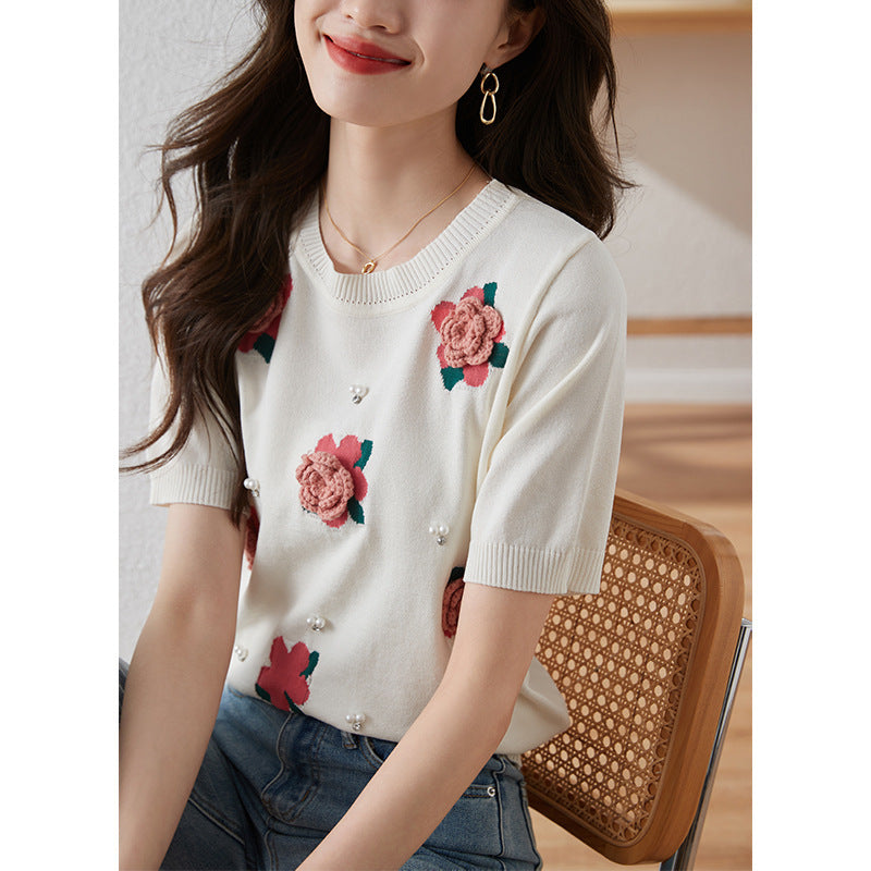 Dreamy Korean Rose Beaded Puff Sleeve Sweater – Romantic Chic Style for Lovers & Soulmates | same ANTHEM - Beige / Free