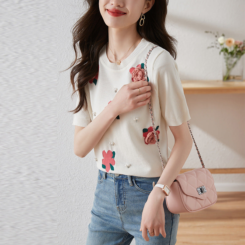 Dreamy Korean Rose Beaded Puff Sleeve Sweater – Romantic Chic Style for Lovers & Soulmates | same ANTHEM - Beige / Free