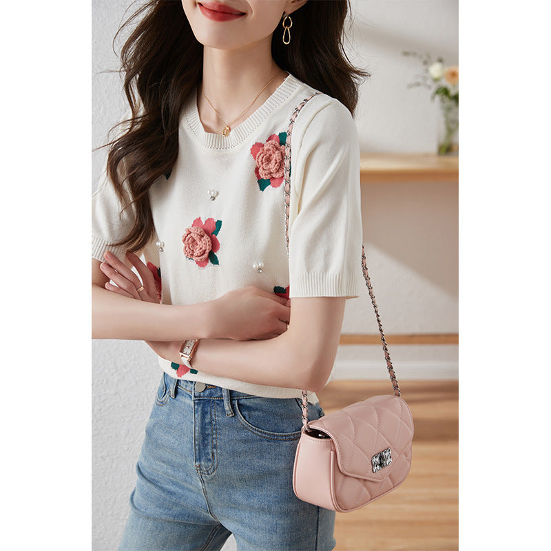Dreamy Korean Rose Beaded Puff Sleeve Sweater – Romantic Chic Style for Lovers & Soulmates | same ANTHEM - Beige / Free