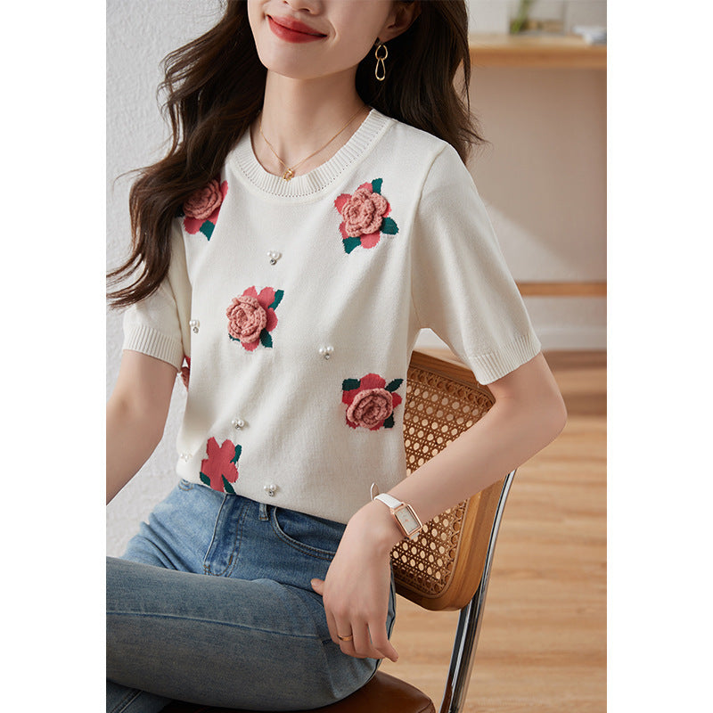 Dreamy Korean Rose Beaded Puff Sleeve Sweater – Romantic Chic Style for Lovers & Soulmates | same ANTHEM - Beige / Free