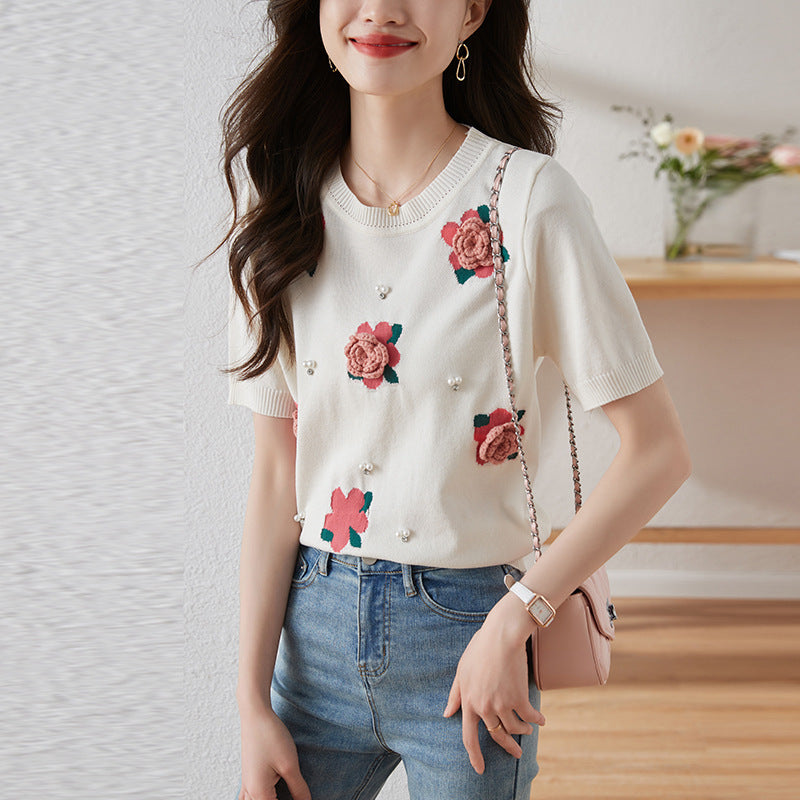 Dreamy Korean Rose Beaded Puff Sleeve Sweater – Romantic Chic Style for Lovers & Soulmates | same ANTHEM - Beige / Free