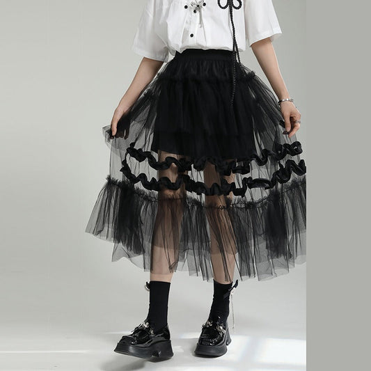 Dreamy Mesh Patchwork Skirt for Women | same ANTHEM - black / S