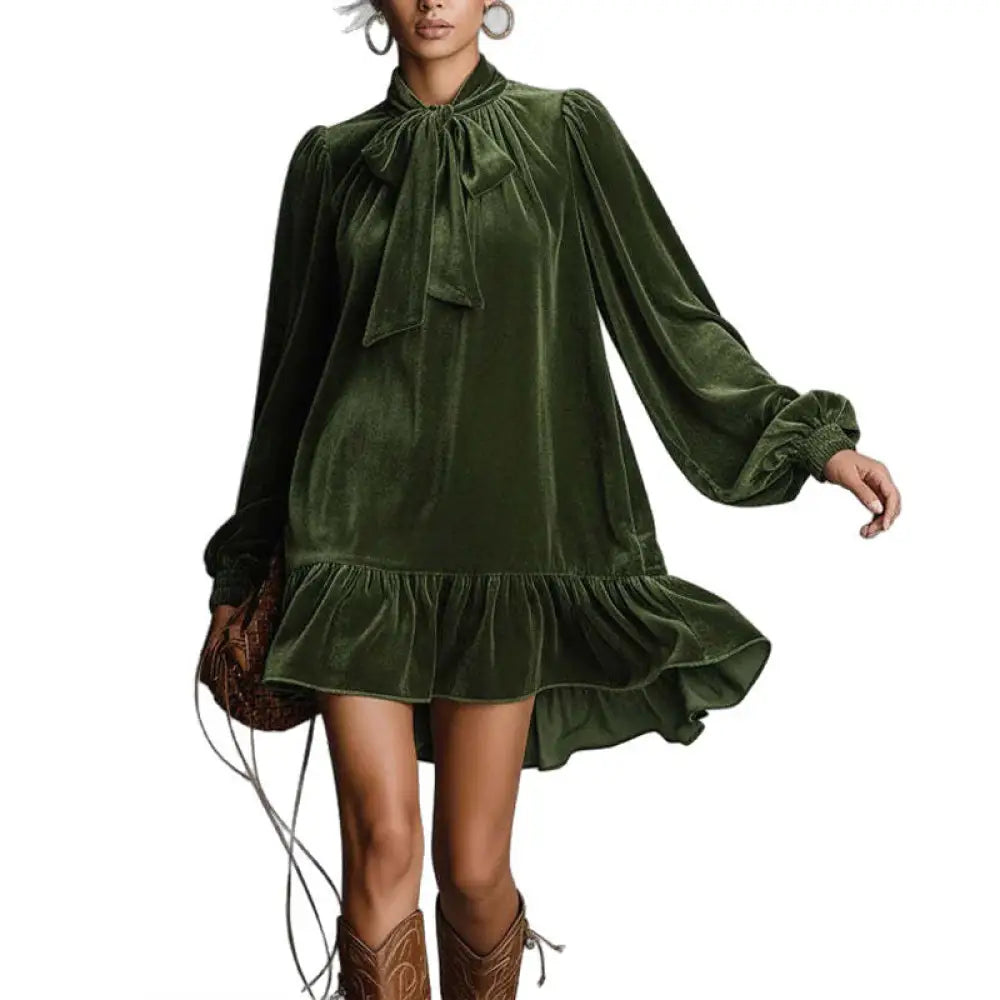 Women’s Elegant Solid Color Bow Tie Dress With Puff Sleeves & Asymmetric Ruffle Hem Loose Fit Short Dress For Spring