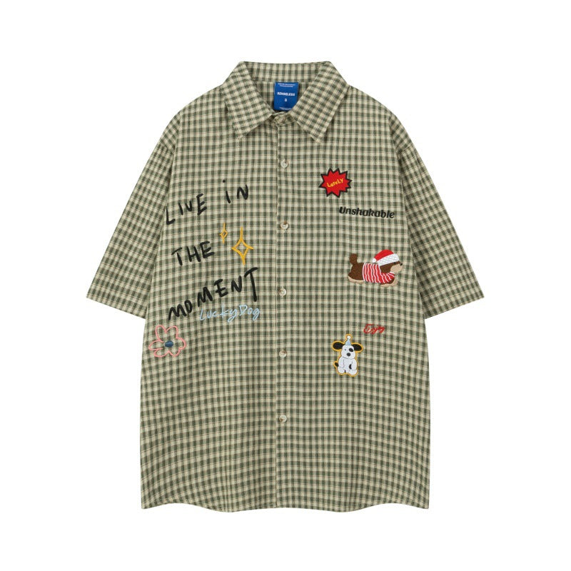 Embroidered Cartoon Checkered Shirt – same ANTHEM. Nostalgic Soulmate Streetwear for Men - Green Grid / M