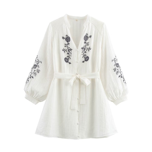 Embroidered Chiffon V-Neck Dress – Loose Romantic Streetwear | same ANTHEM - white / S