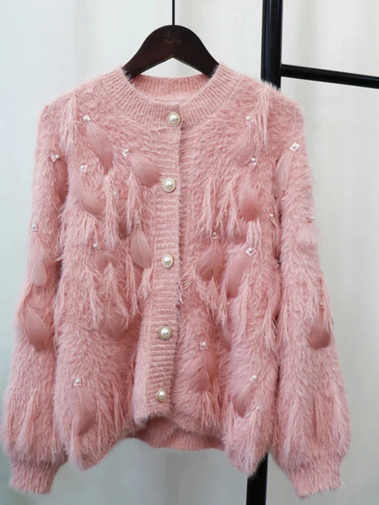 Embroidered Feather Spliced Sweater Cardigan | same ANTHEM