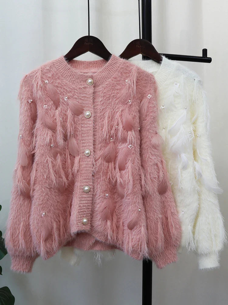 Embroidered Feather Spliced Sweater Cardigan | same ANTHEM