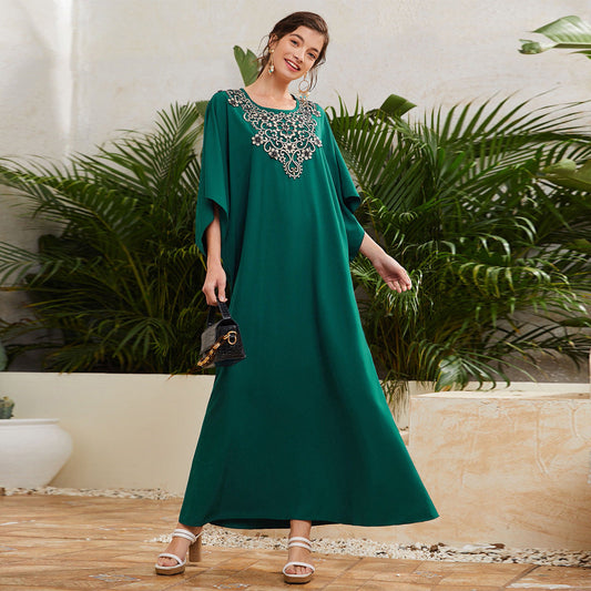 Embroidered Round Neck Flared Sleeves Long Dress | Urban Dreamy Style | same ANTHEM - Dark Green / L