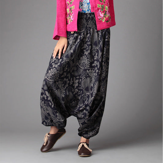 Floral Pattern Harem Pants – Casual Chic Loose Fit | same ANTHEM - Black and blue fan flowers / One size