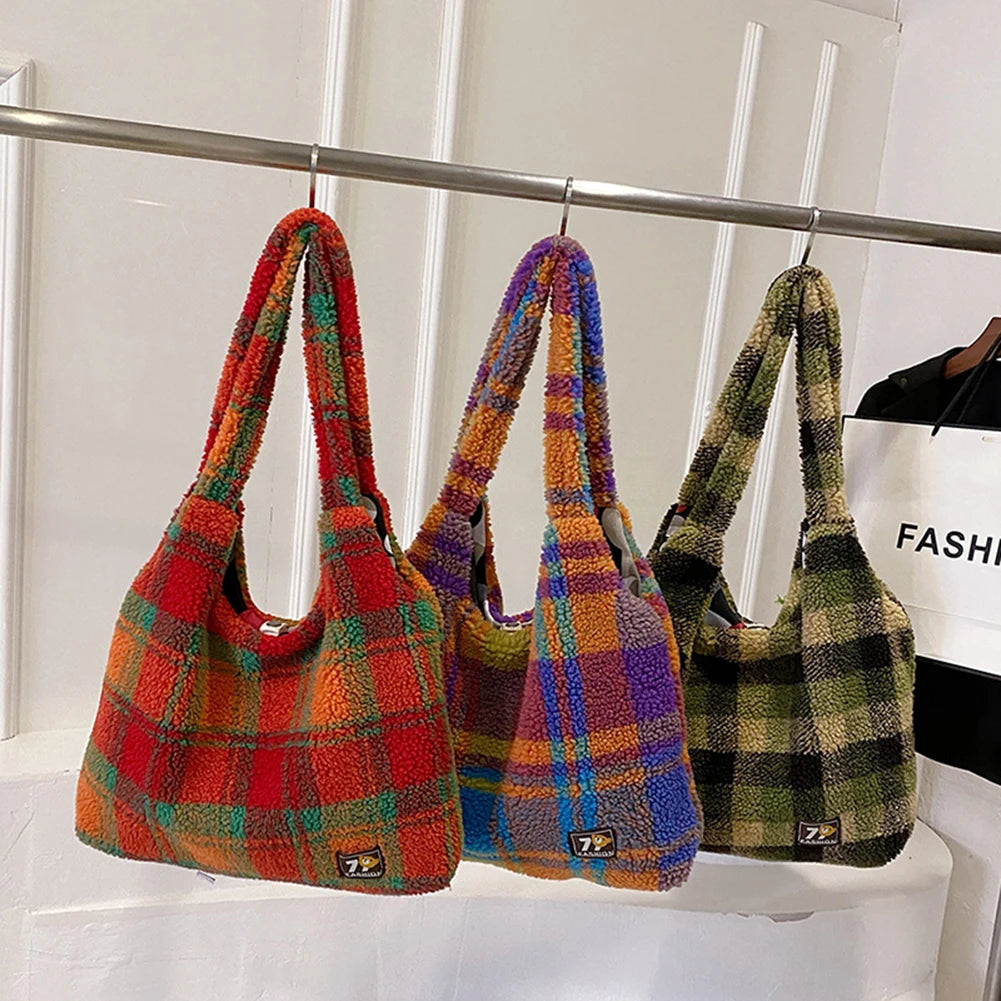 Fluffy Plaid Tote Bag – Soulmate Streetwear Bag | same ANTHEM