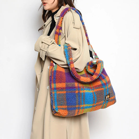 Fluffy Plaid Tote Bag – Soulmate Streetwear Bag | same ANTHEM