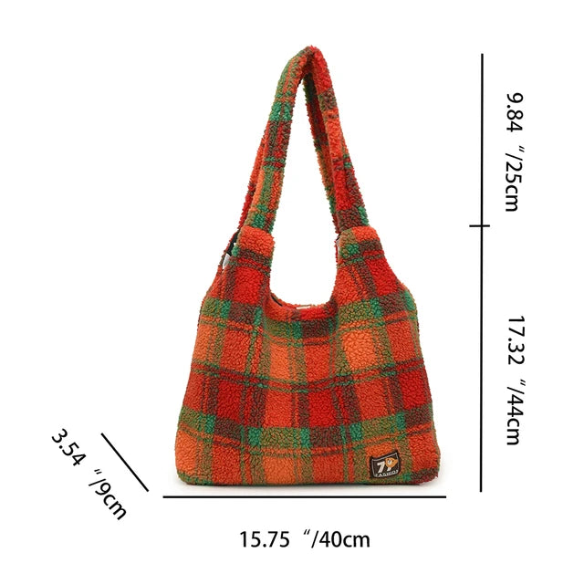 Fluffy Plaid Tote Bag – Soulmate Streetwear Bag | same ANTHEM - Orange