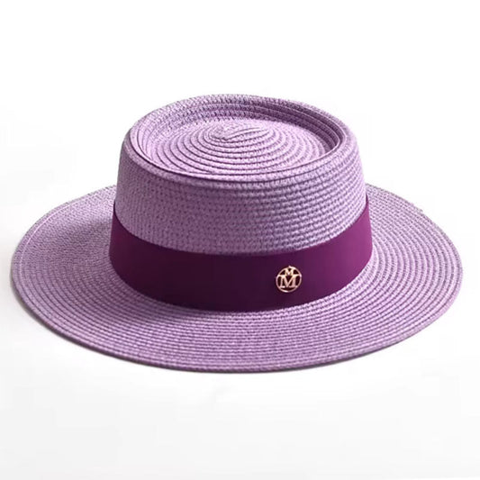 Purple straw hat with a purple band and logo on a white background