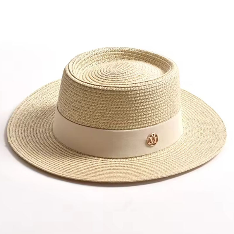 Beige straw hat with a logo on a white background