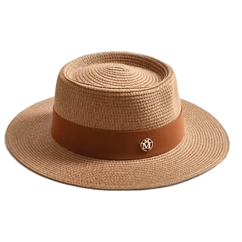 Brown straw hat with a brown band featuring a logo on a white background