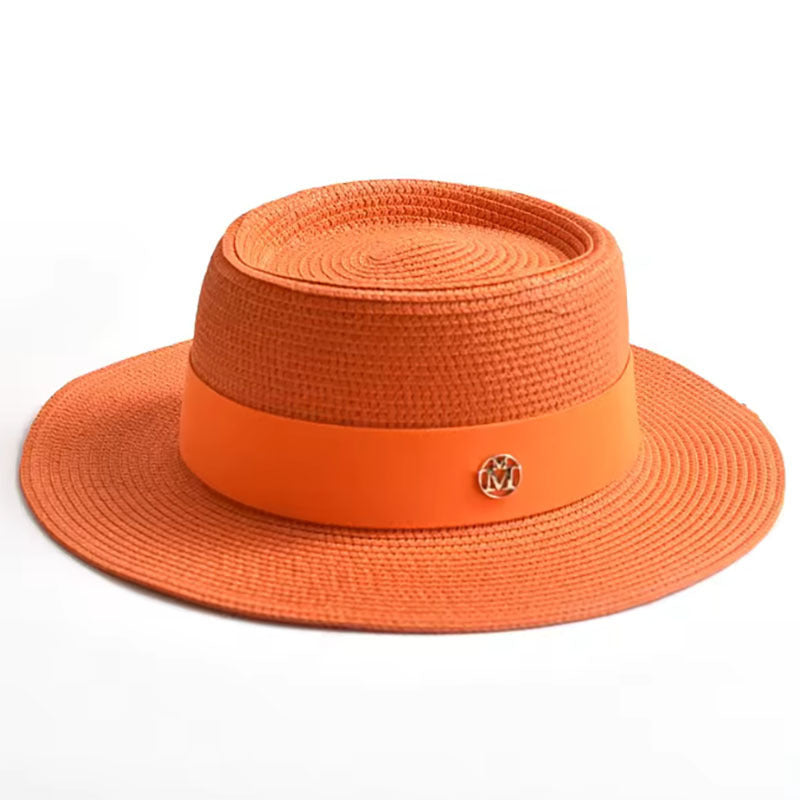 Orange straw hat with a logo on a white background