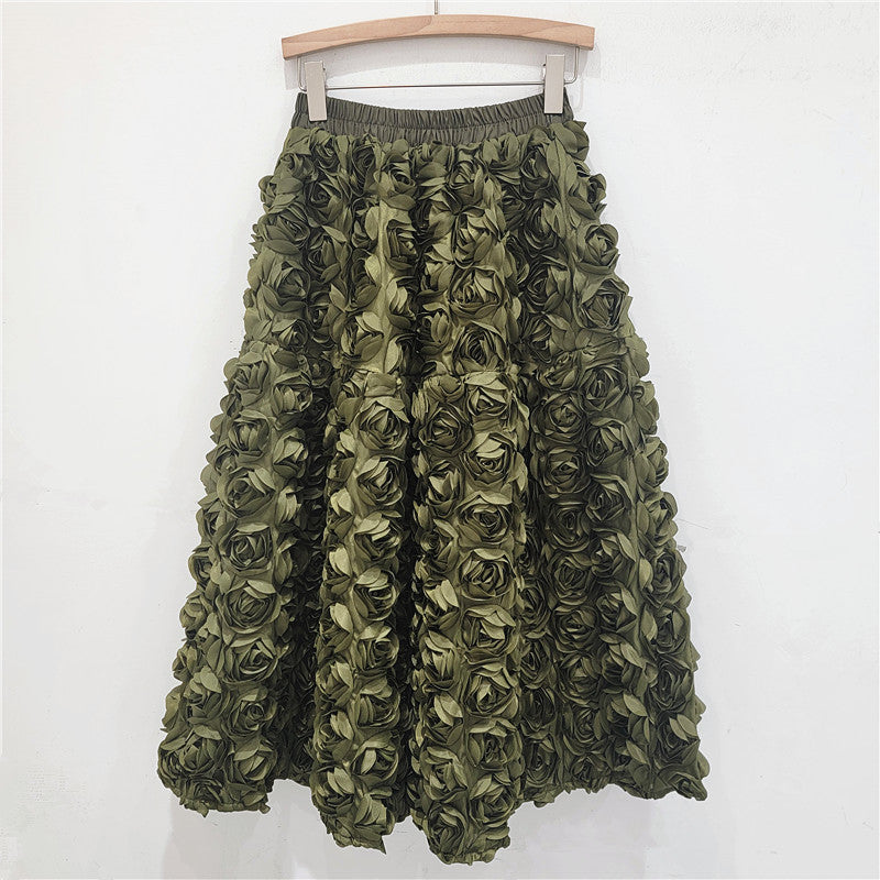 French 3D Flower A-Line Skirt – High Waist Romantic Chic | same ANTHEM - Army green / One size