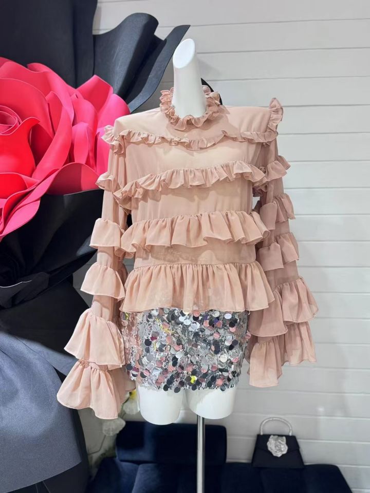 French Chic Romantic Lotus Sleeve Top – same ANTHEM | For Soulmates & Lovers - Apricot / S