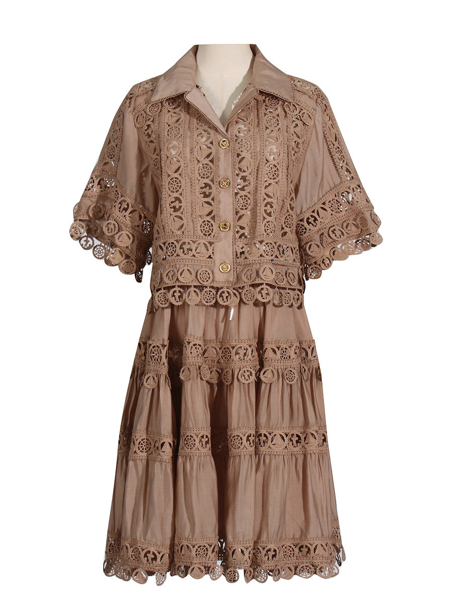 French Court Lace Shirt & Skirt Set – Romantic Two-Piece Dress | same ANTHEM - Khaki / S