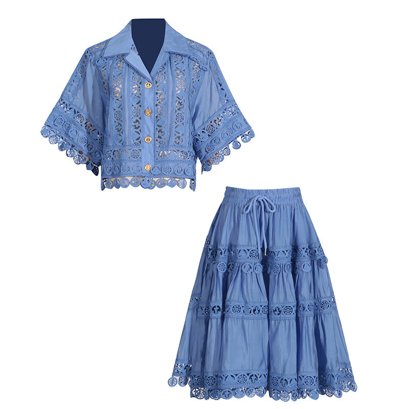 French Court Lace Shirt & Skirt Set – Romantic Two-Piece Dress | same ANTHEM - Blue / S