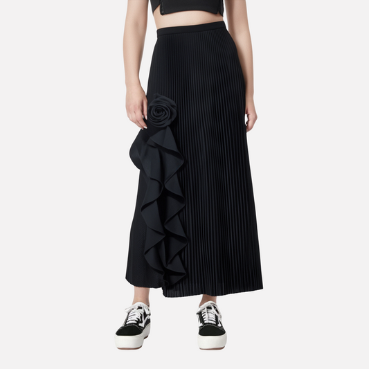 French Ruffled Rose Black Mid-Length Skirt – Autumn Winter Chic | same ANTHEM