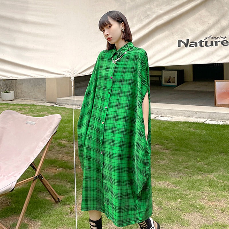 French Vintage Plaid Bat Sleeve Dress | same ANTHEM. - Green / One Size