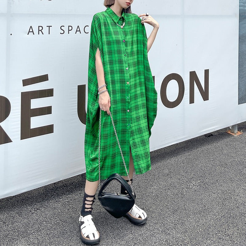 French Vintage Plaid Bat Sleeve Dress | same ANTHEM. - Green / One Size