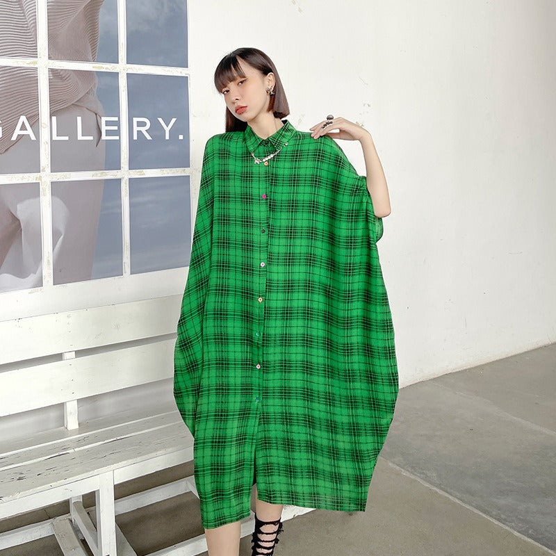 French Vintage Plaid Bat Sleeve Dress | same ANTHEM. - Green / One Size