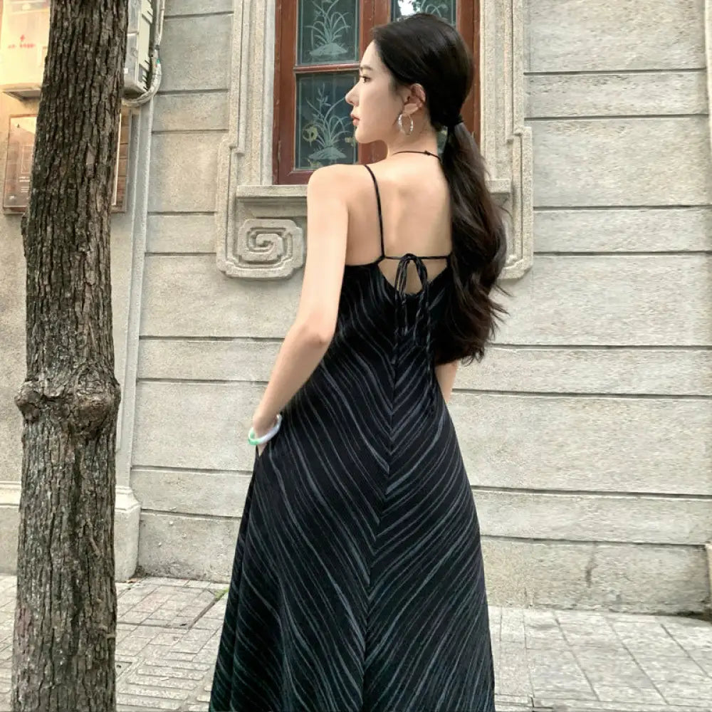 French Vintage V-Neck Striped Dress | Loose Summer Maxi Dress Women | same ANTHEM.