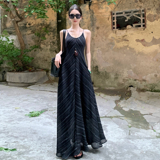 French Vintage V-Neck Striped Dress | Loose Summer Maxi Dress Women | same ANTHEM.