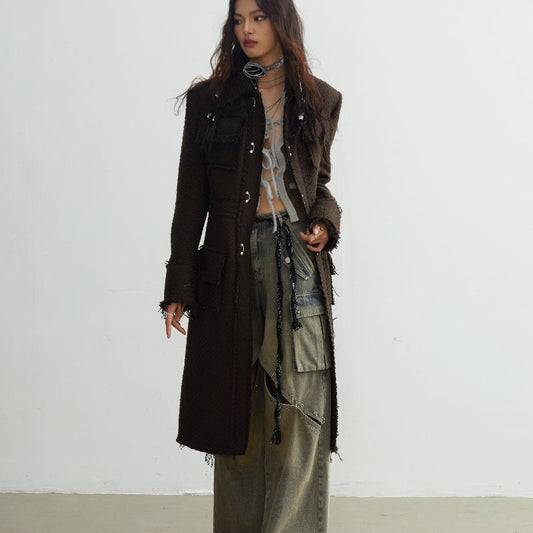 Fringe Damage Wandering Artist Long Woolen Coat - Bag