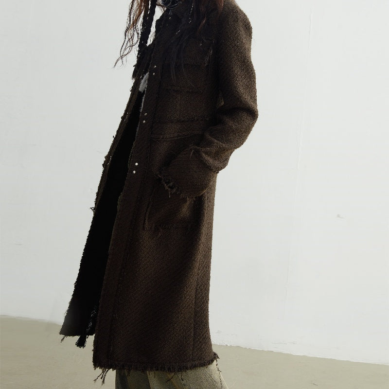 Fringe Damage Wandering Artist Long Woolen Coat - Bag