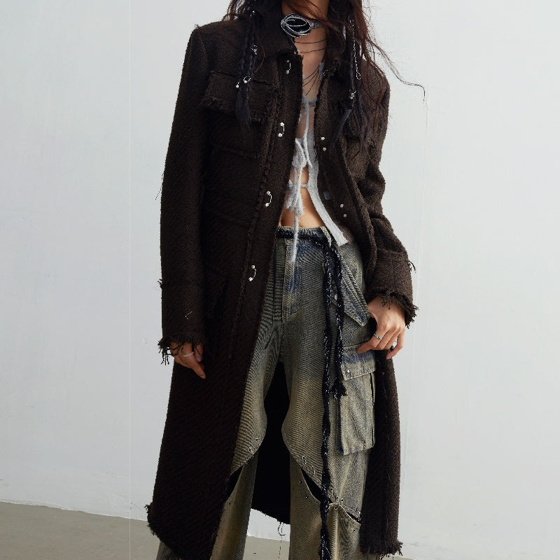 Fringe Damage Wandering Artist Long Woolen Coat - Bag