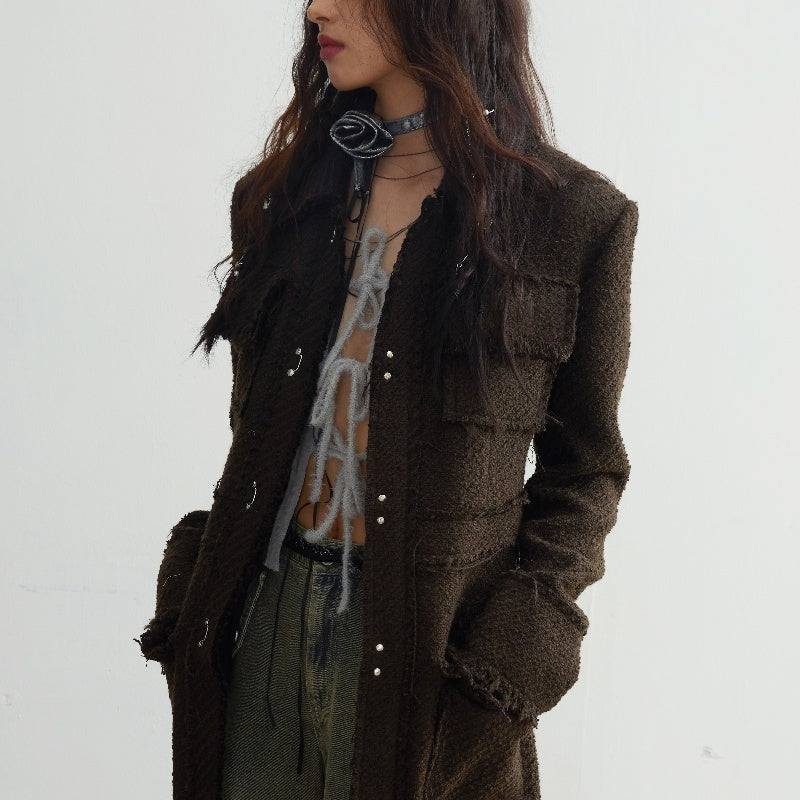 Fringe Damage Wandering Artist Long Woolen Coat - Bag