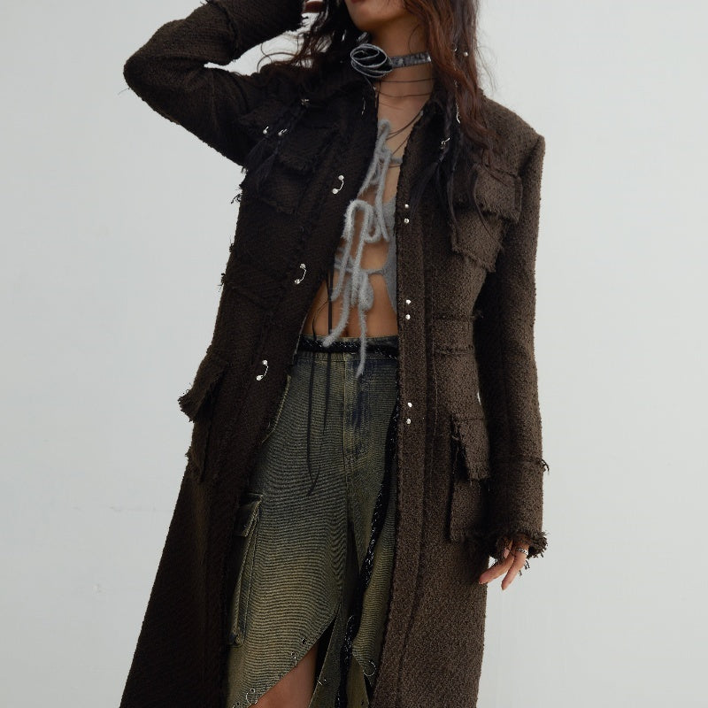Fringe Damage Wandering Artist Long Woolen Coat - Bag